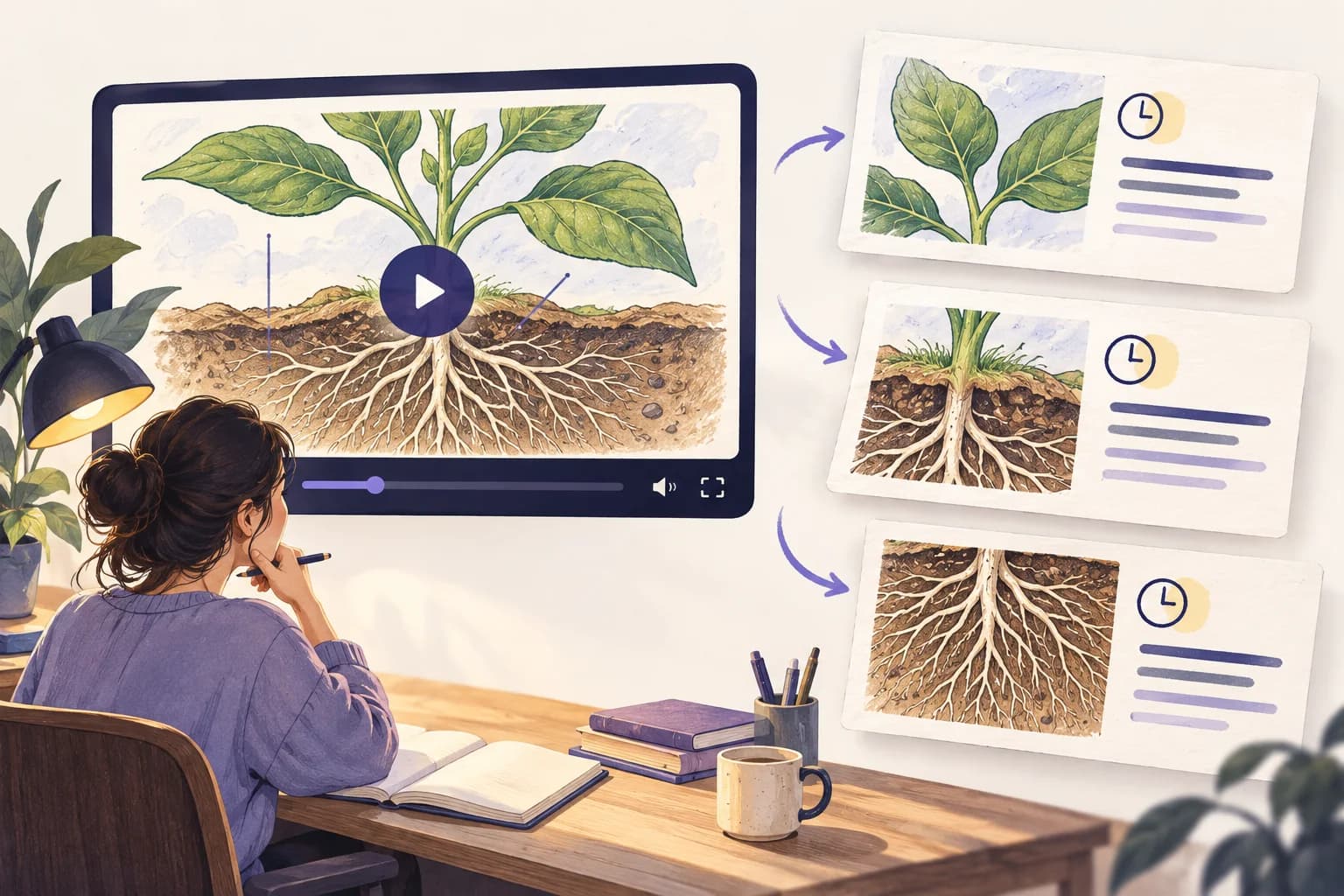 Editorial illustration of a learner turning a plant lesson video into image cards with clocks and text lines.