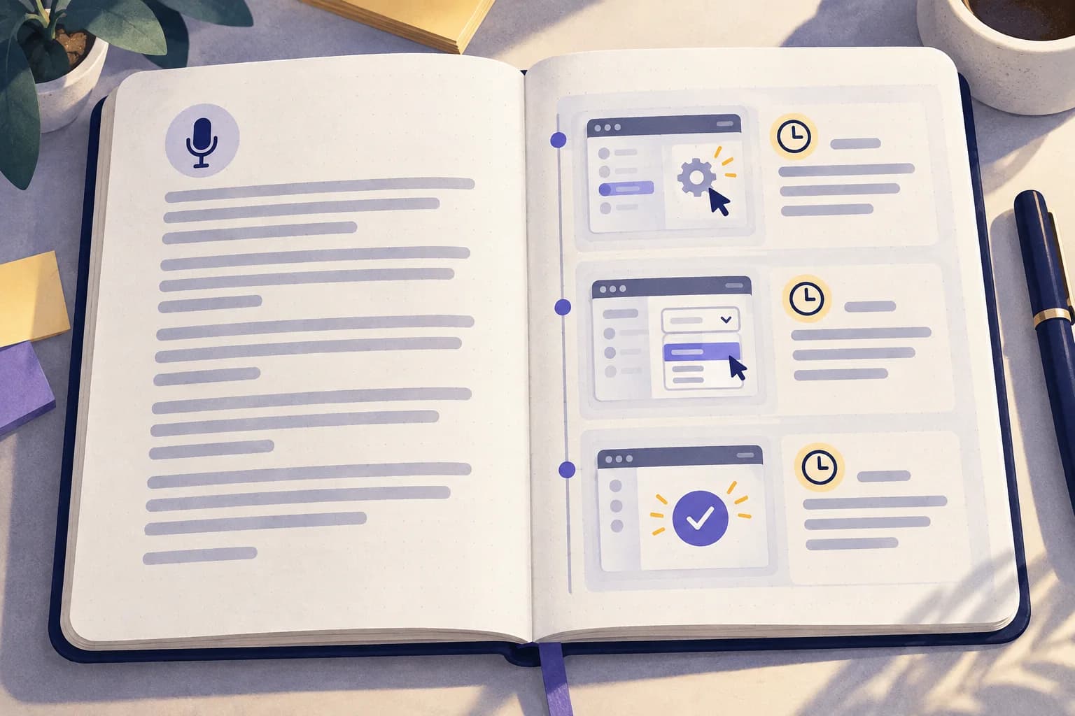 Illustrated notebook compares text-only transcription on the left with software tutorial images, time markers, and text on the right.