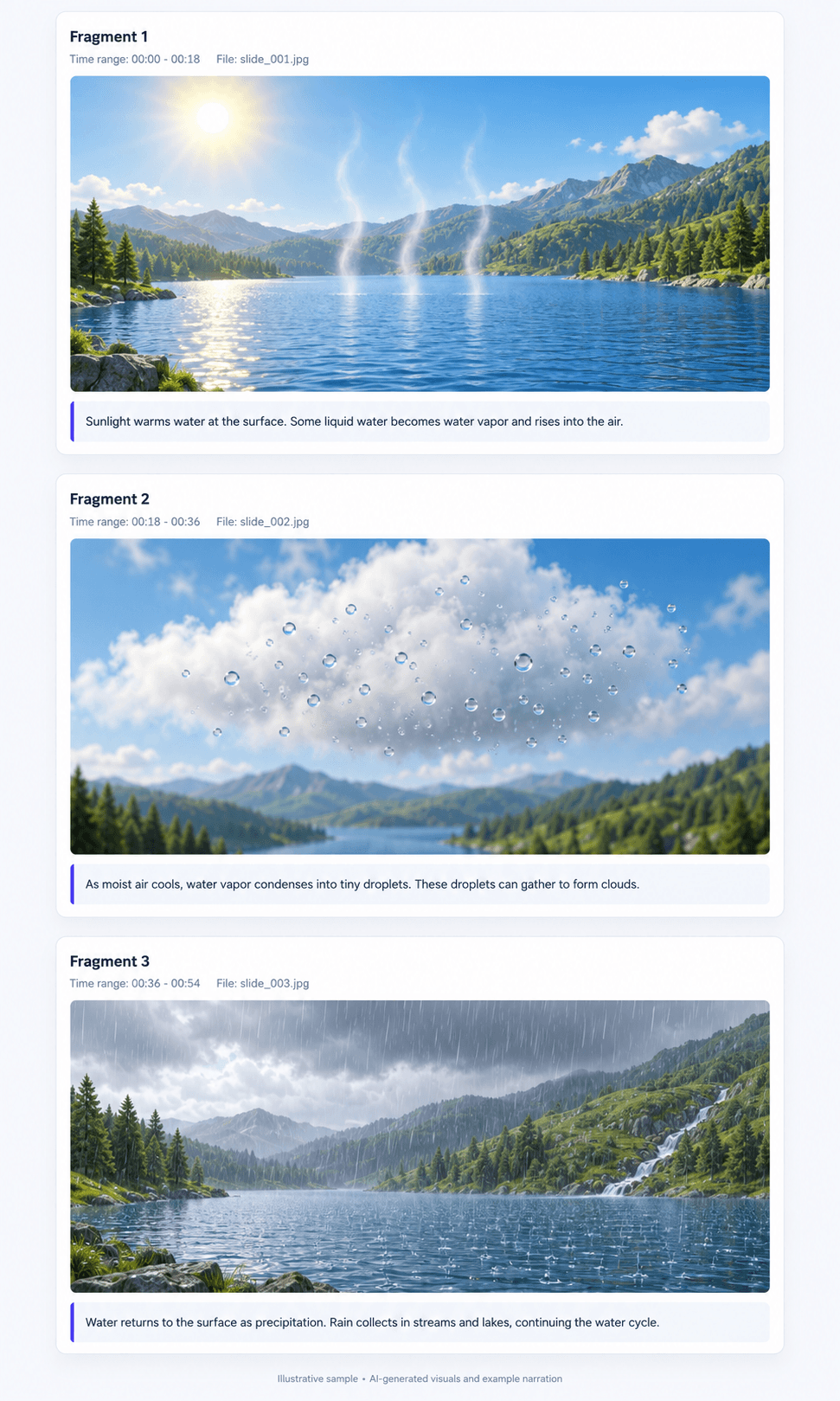 Three illustrative video-note cards show evaporation, condensation, and rainfall, each paired with a timestamp and explanatory text.